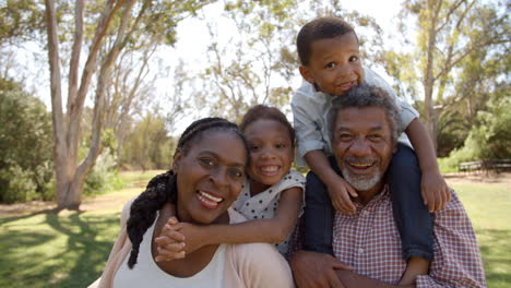 mixed race grandparents piggyback with grandchildren in park
