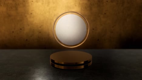 3d rendering of a floating gold round podium with a marble background