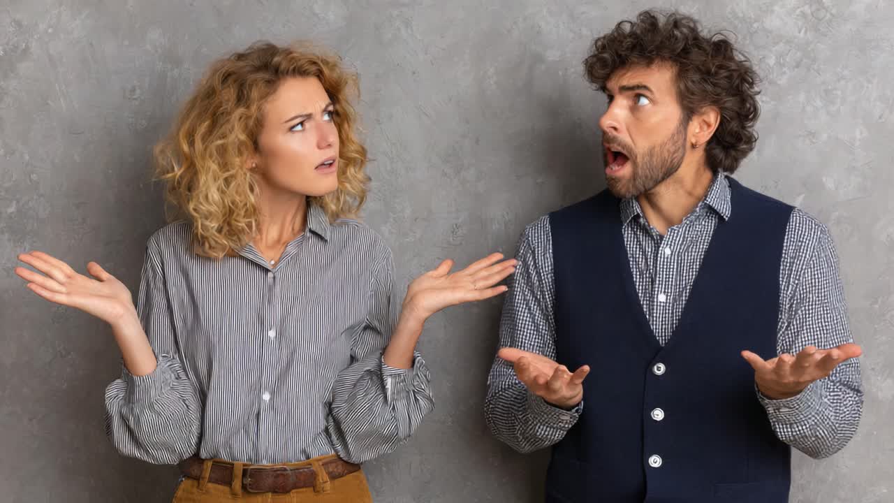 Espressioni contrastanti: uomo e donna durante una conversazione che esprime disaccordo e confusione su un argomento, con gesti e reazioni emotivi