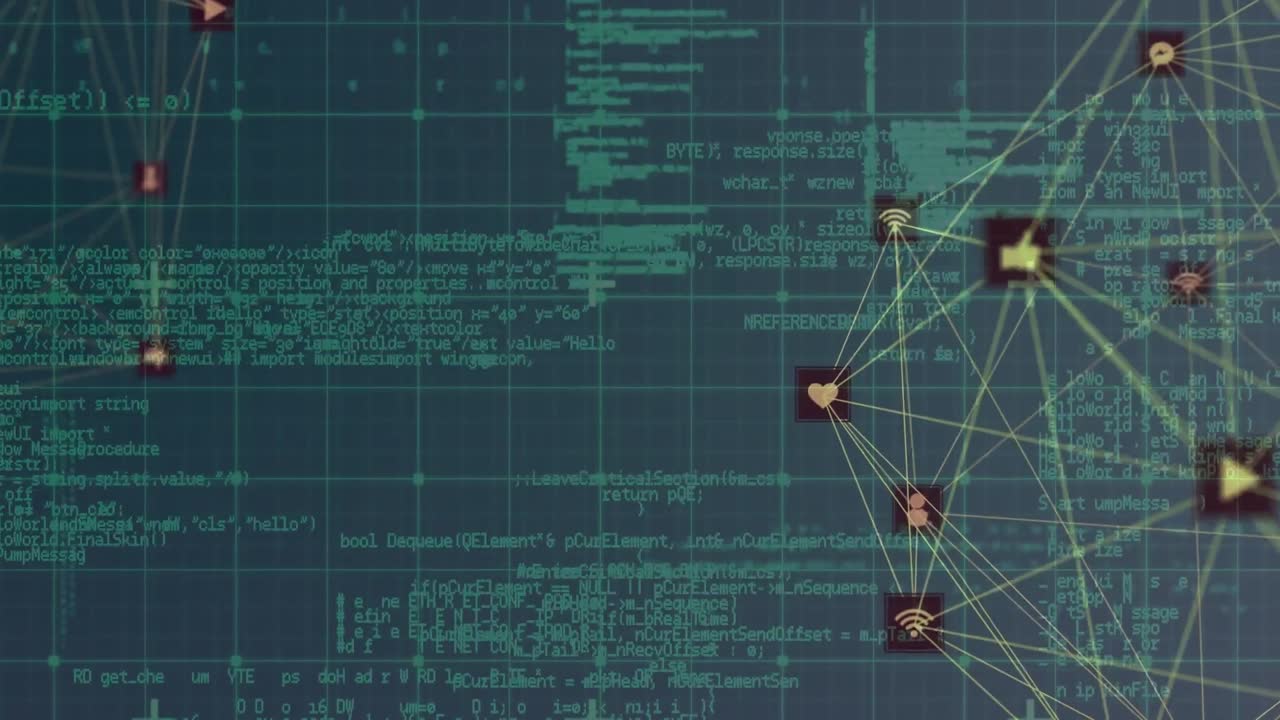 animatie van gegevensverwerking, netwerk van verbindingen met pictogrammen globes en raster