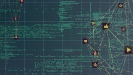 animation of data processing, network of connections with icons globes and grid