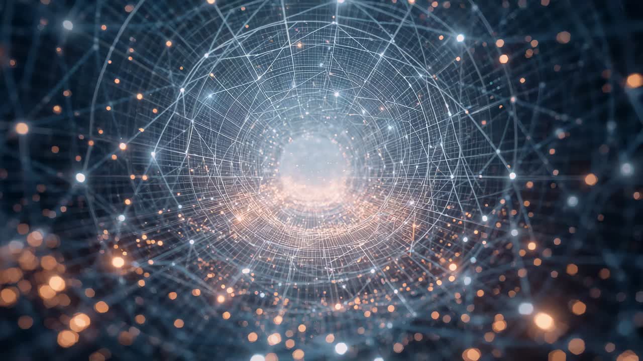 Fremrykkende kamera, der skubber wireframe-tunnel mod glødende kerne i digitalt netværk med orange partikler