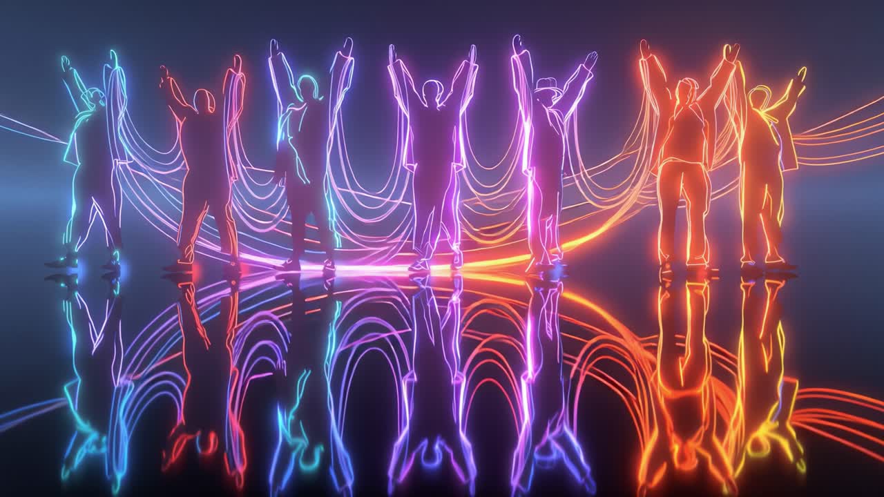 A captivating display of illuminated figures moving in harmony, showcasing vibrant neon colors and sleek silhouettes against a reflective surface, creating a mesmerizing visual dance sequence