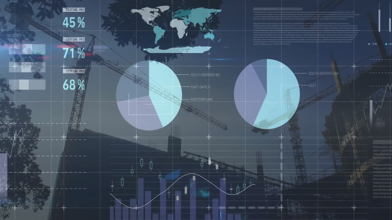 Cranes and construction site overlaid with data charts and world map animation