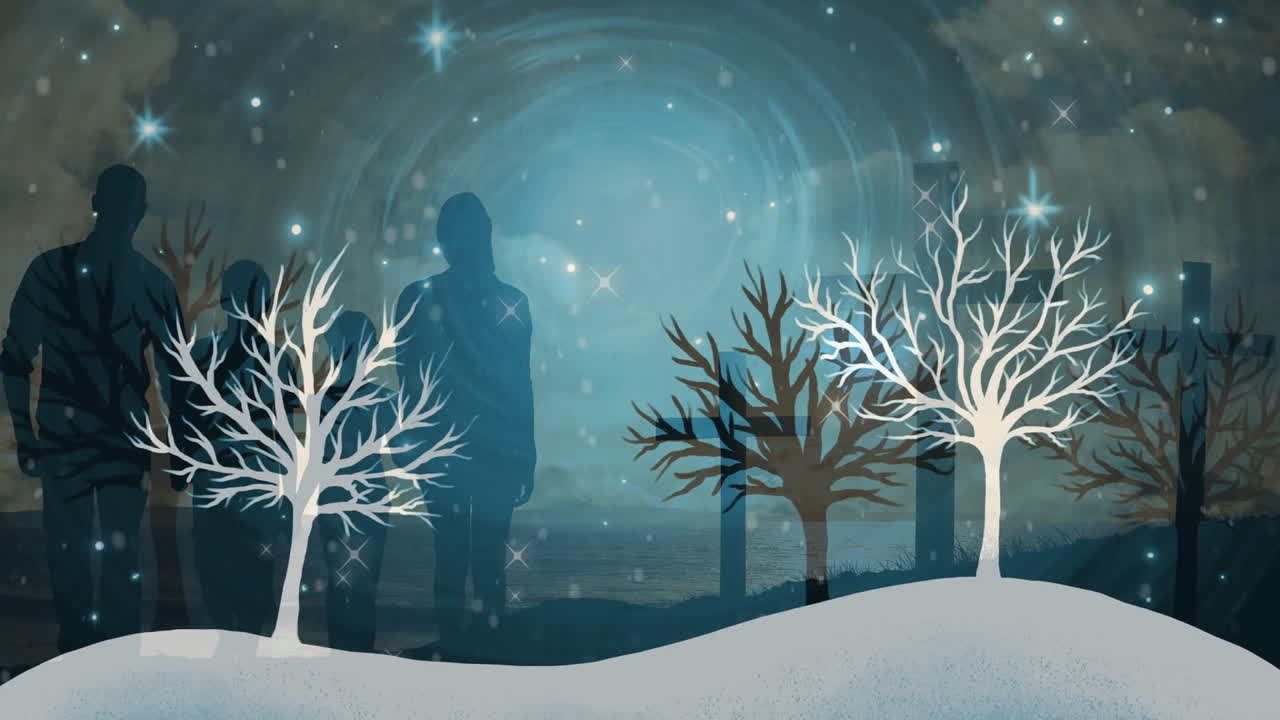 Standing among snowy trees, people watching animation under starry sky