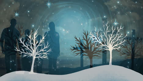standing among snowy trees, people watching animation under starry sky