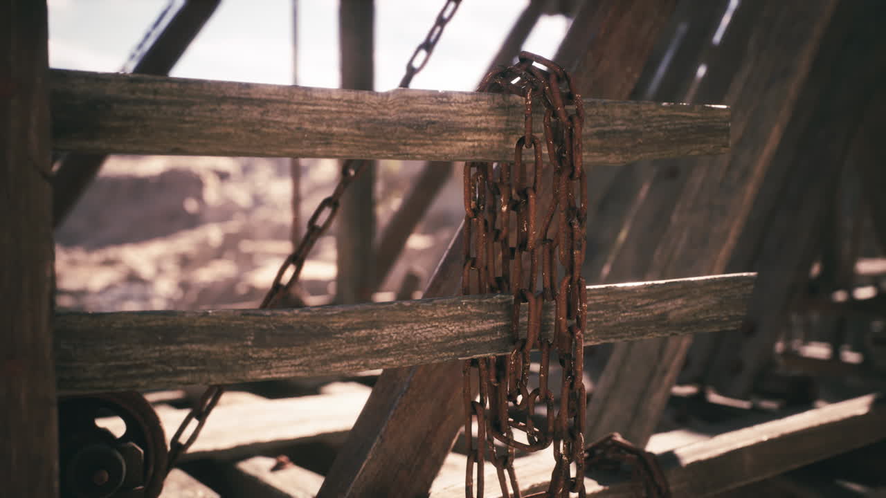 Chains resting on wooden beams in an old abandoned construction site