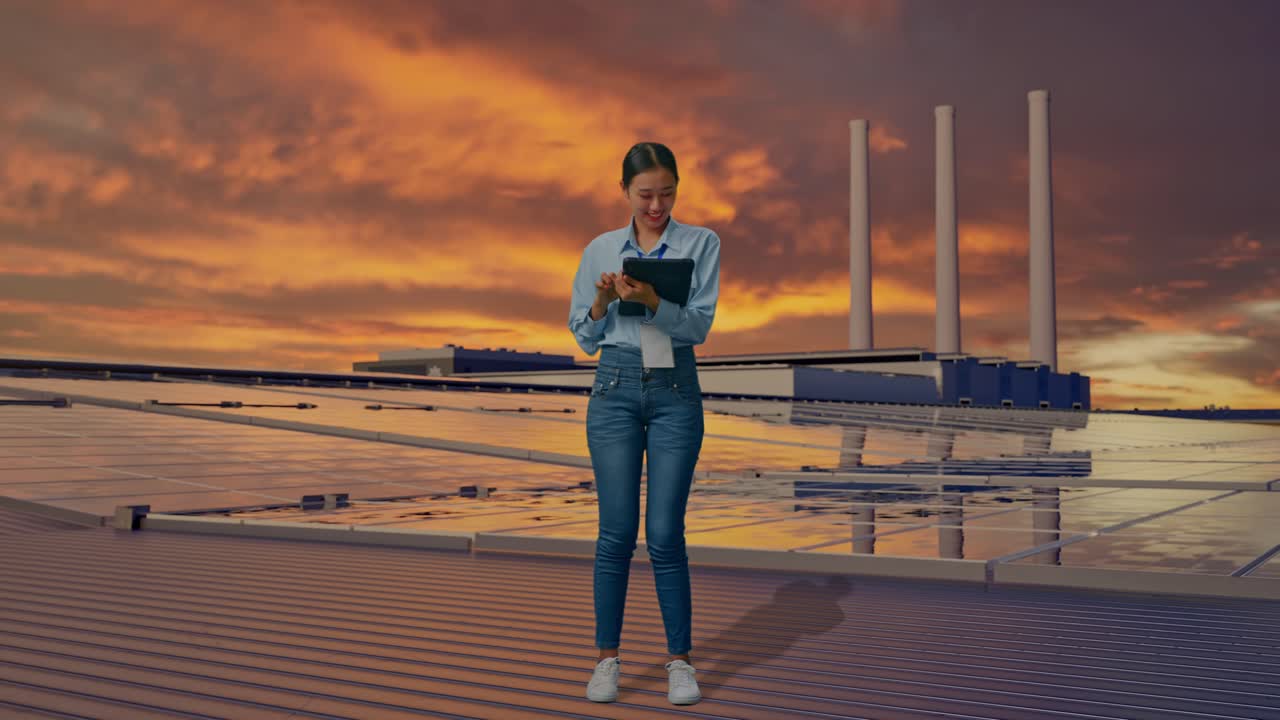 Full Body Of Asian Female With Her Tablet, Inspecting Solar Panels on Rooftop at Sunset, Typing On Her Tablet'S Keybaord With Meditation