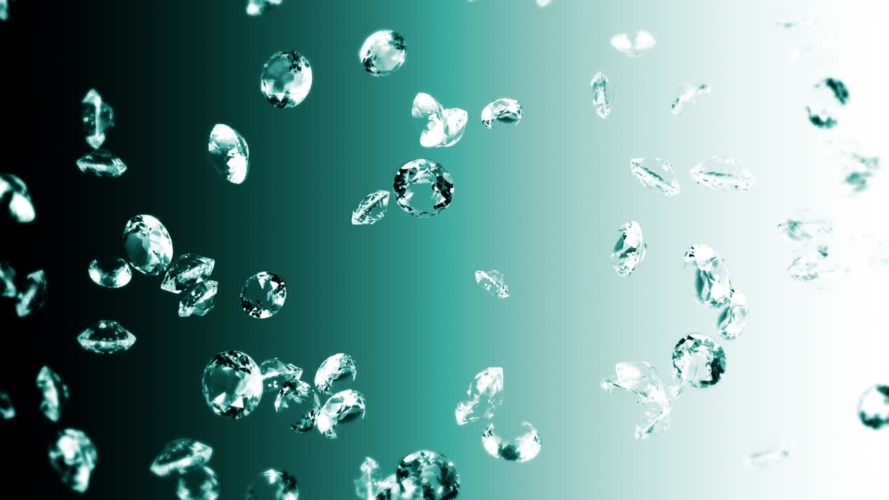 에메랄드 녹색 바탕에 많은 보석 다이아몬드를 날아. 투명하고 귀중한 보석을 빛니다. 화려한 다이애몬드 회전의 3d 애니메이션. 루프 애니메이션.