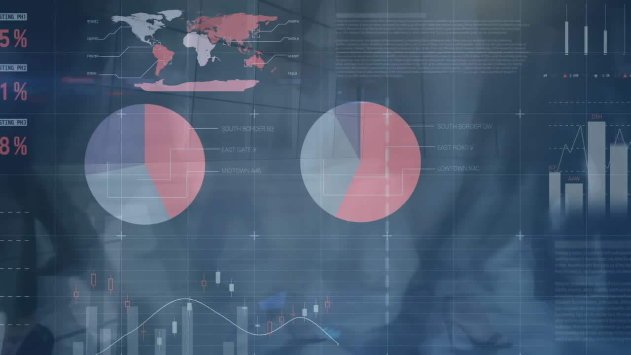 Animation of statistical data processing against time-lapse of of people walking in the office