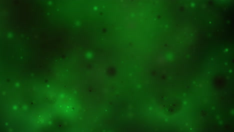 green colored abstract dark floating particles in dense thick fluid with dynamic lighting. 3d render wallpaper background.