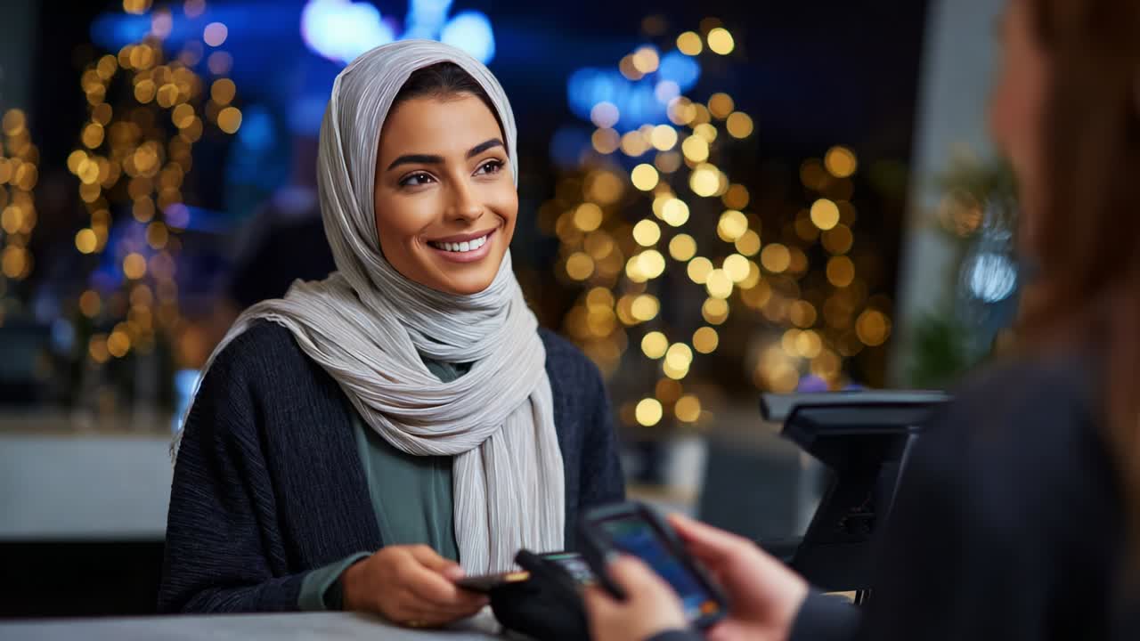 A young woman wearing a stylish hijab smiles warmly while engaging in a transaction at a modern cafe, showcasing a friendly atmosphere decorated with twinkling lights and a vibrant ambiance of social interaction