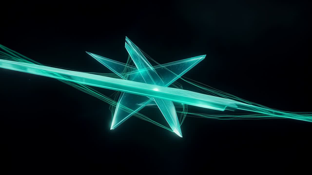 Converging crystal shards forming turquoise star in black void, with glowing ribbons and nodes