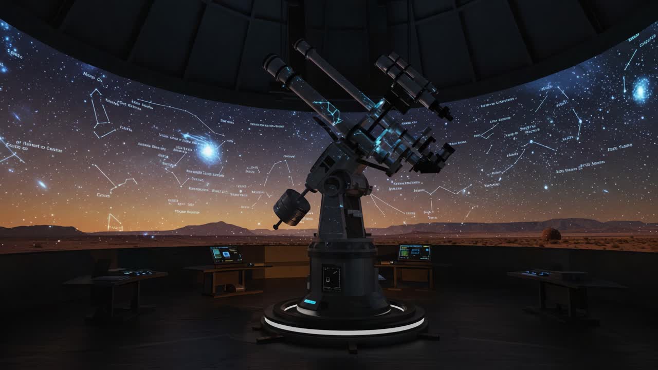 Utforsking av universet: Et banebrytende observatorium med et teleskop omgitt av en omfattende digital fremvisning av himmelkonstellasjoner og stjerner