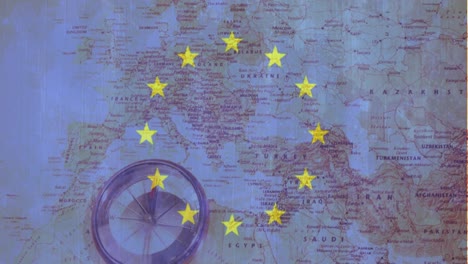 Animation-of-european-union-flag-over-map-of-europe-and-compass