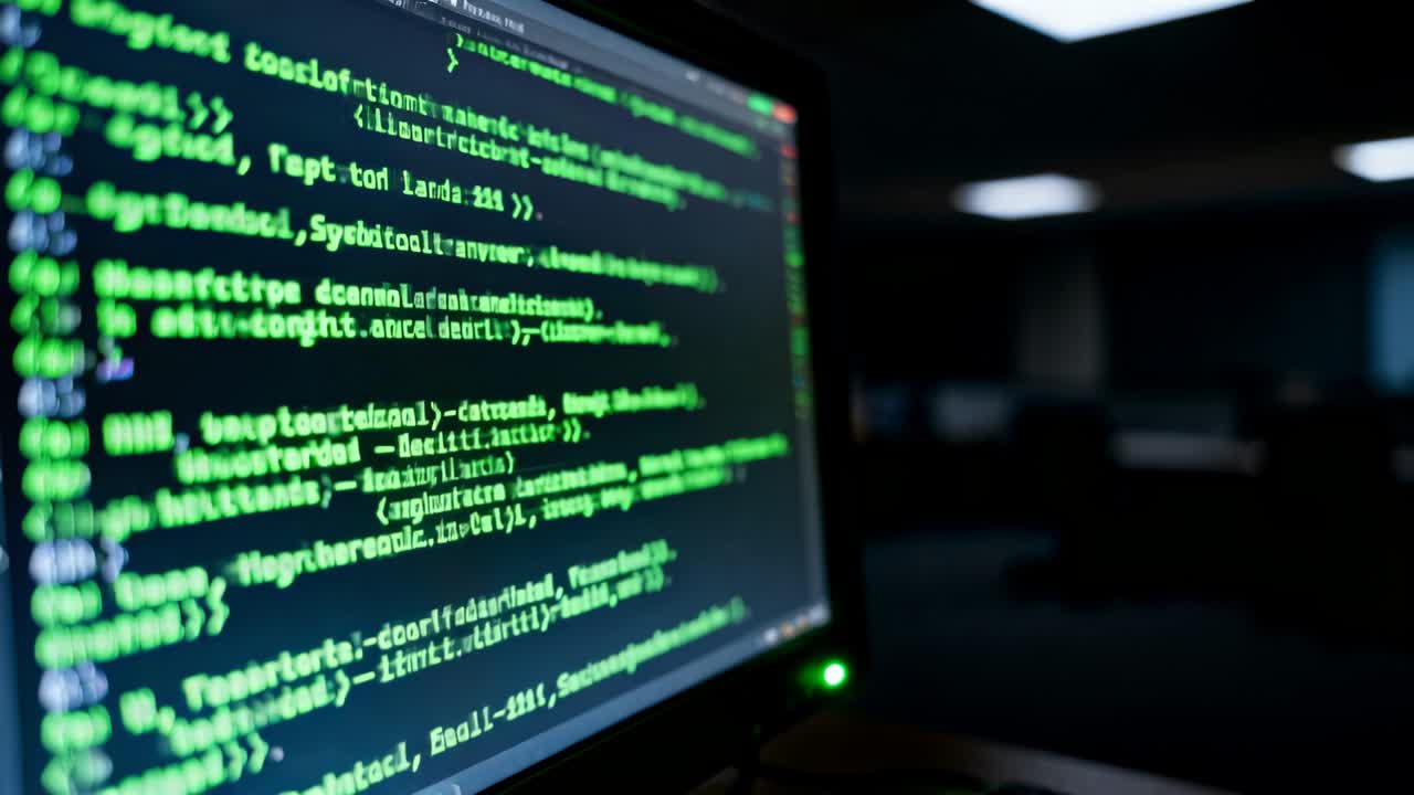 Showing monitor updating green console text as camera panning in dim office for logging LED glowing