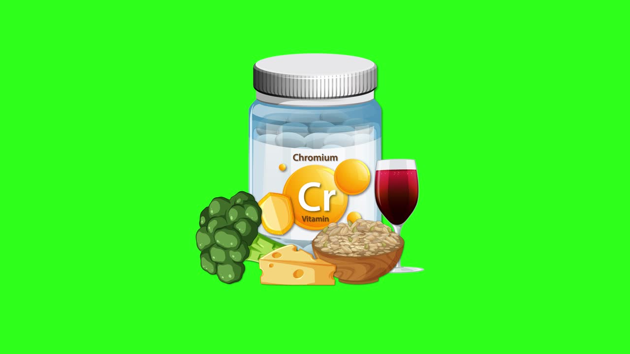 Chromium supplement bottle with vegetables, cheese, grains, and wine appears and settles on green background