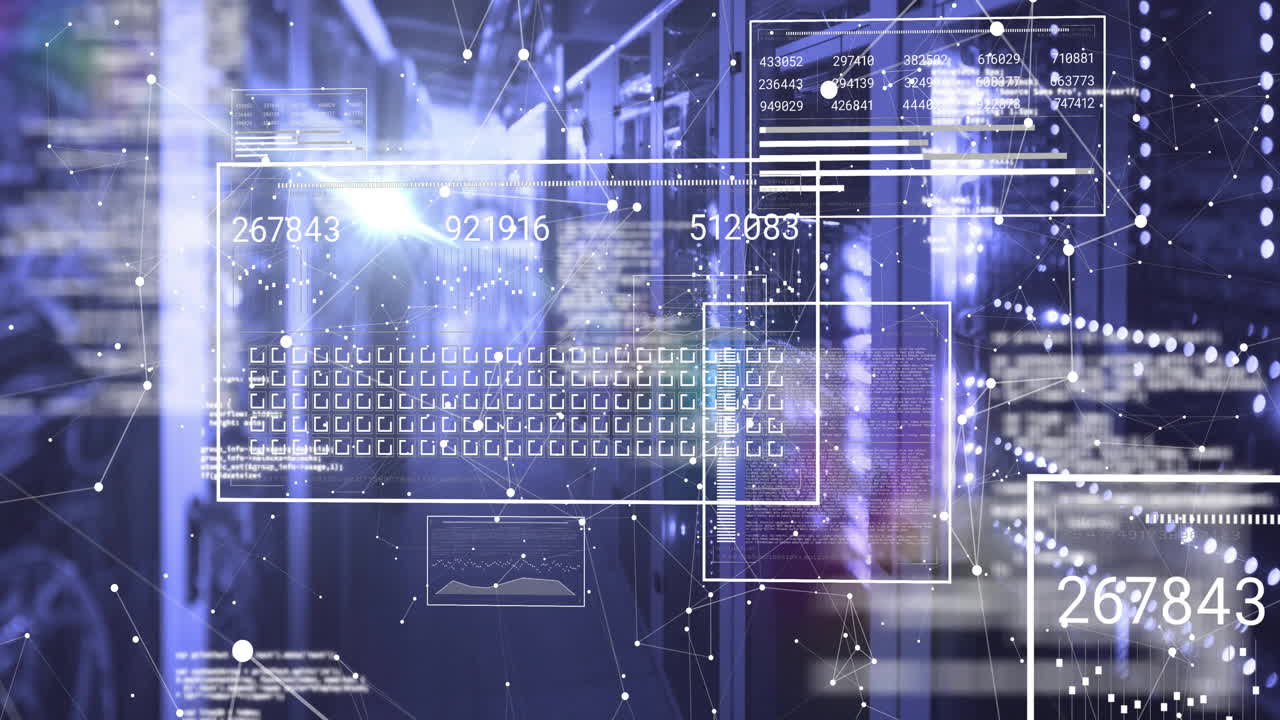 Animation of data processing and moving shapes over server room