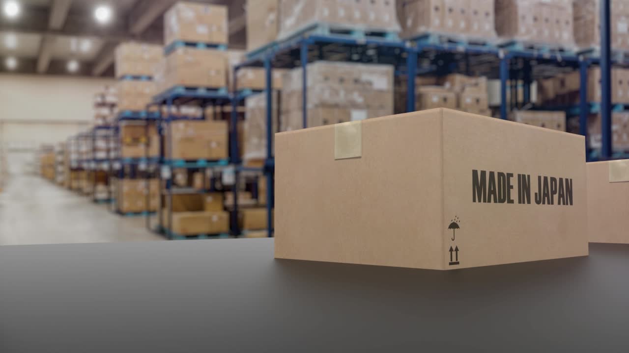 cajas con texto hecho en japón en el transportador. artículos relacionados con japón animación 3d en bucle