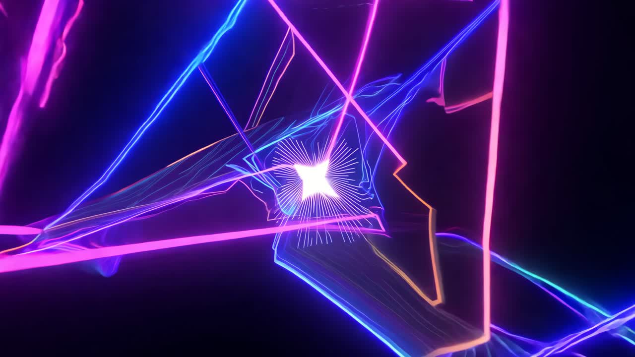 A colorful light show with purple and blue lights is projected onto a dark background, creating a tunnel-like effect. The lights are arranged in a way that they appear to be moving and swirling