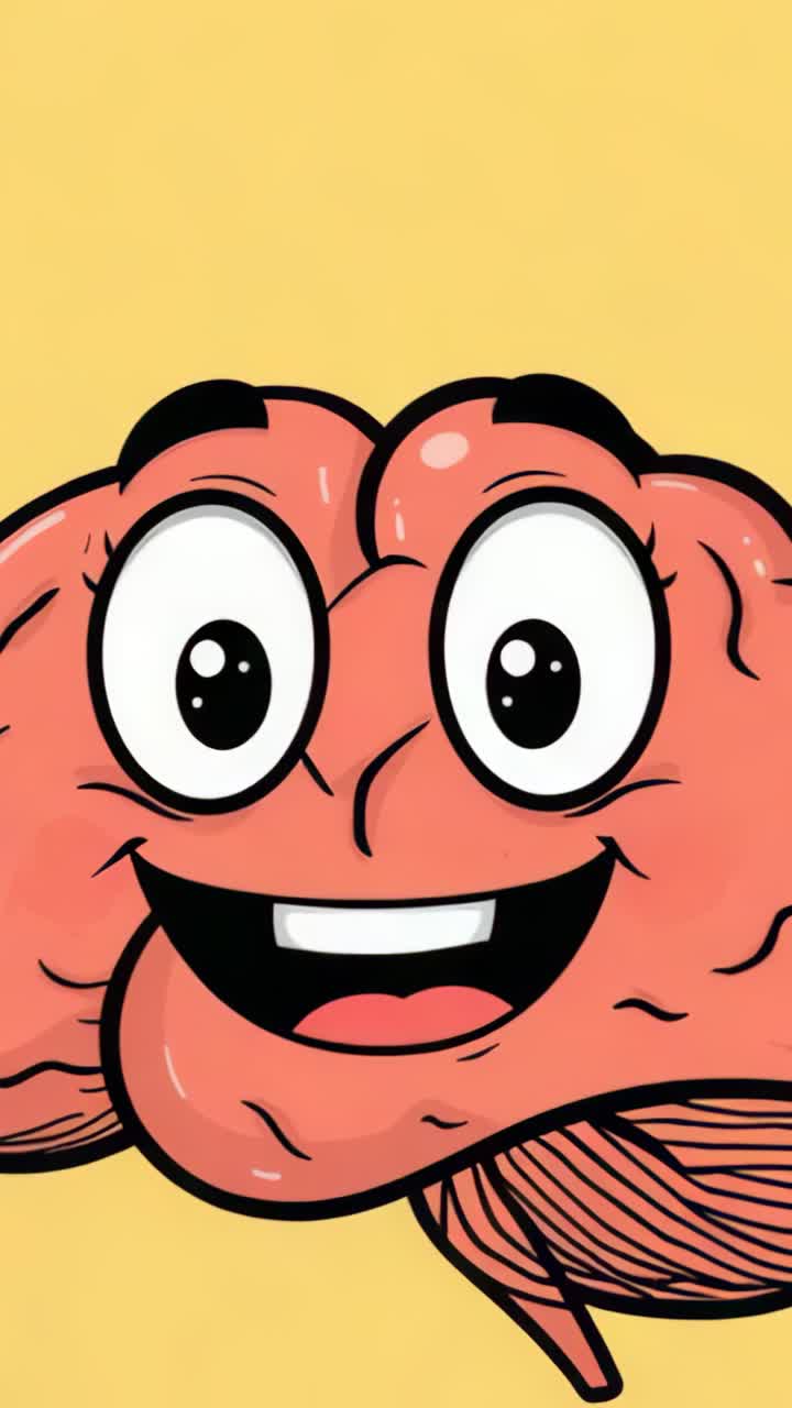 Vertical video: Motion starting cartoon pink brain smiling shedding blue tears on yellow backdrop