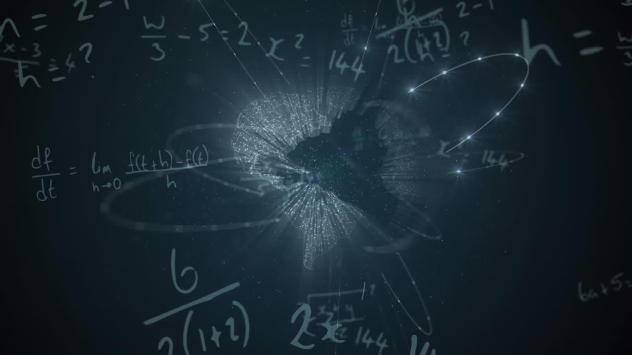 animación de ecuaciones matemáticas y globo con red de conexiones sobre fondo negro