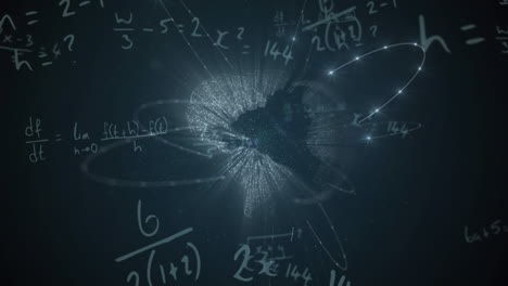 animación de ecuaciones matemáticas y globo con red de conexiones sobre fondo negro