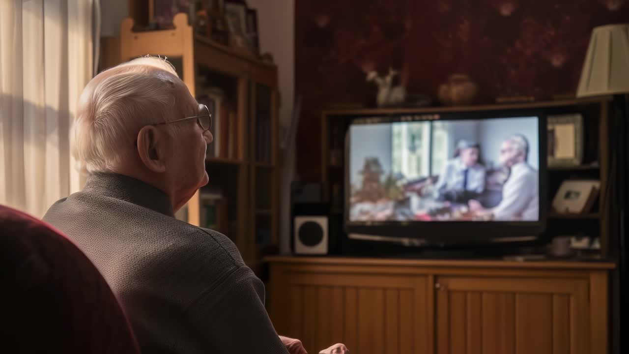 Elderly man sitting comfortably in an armchair, watching television in the living room, enjoying a peaceful afternoon at home while immersing himself in his favorite program