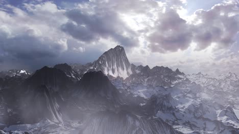 snow-capped mountain range under dramatic skies