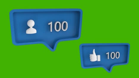 Animation-of-two-blue-speech-bubbles-with-social-media-icons-and-numbers-growing-on-green