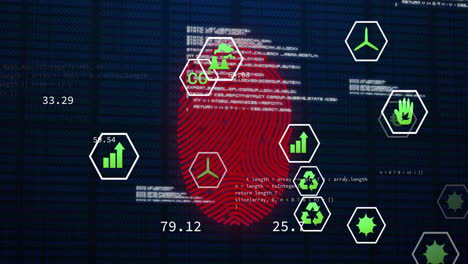 animation of eco icons and digital data processing over biometric fingerprint and computer servers