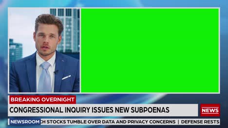 split screen tv news live report: male anchor talks, reporting. reportage montage with picture in picture green screen, chroma key display. television program channel playback. luma matte