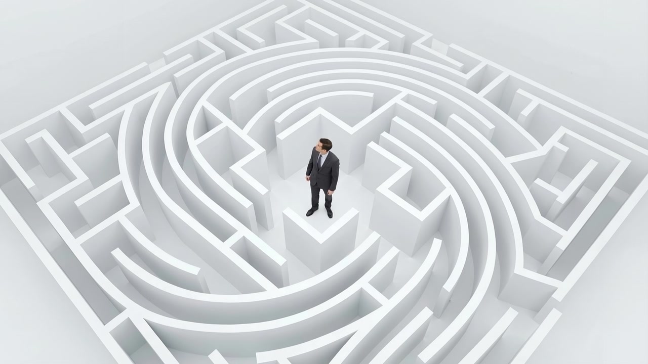 Businessman standing in the middle of a complex white circular maze looking for a solution