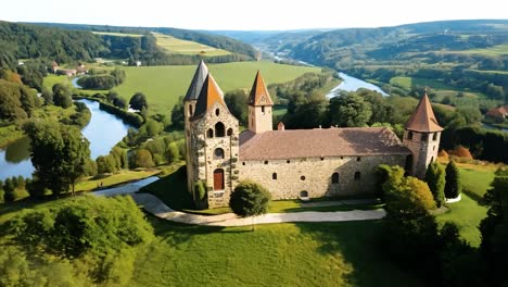 aerial view of a medieval church and castle in a rural landscape