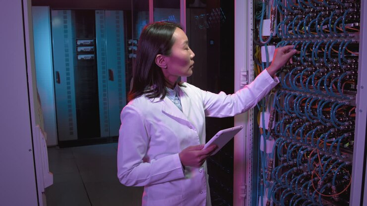 Female IT Specialist with Tablet Checking Equipment in Data Center