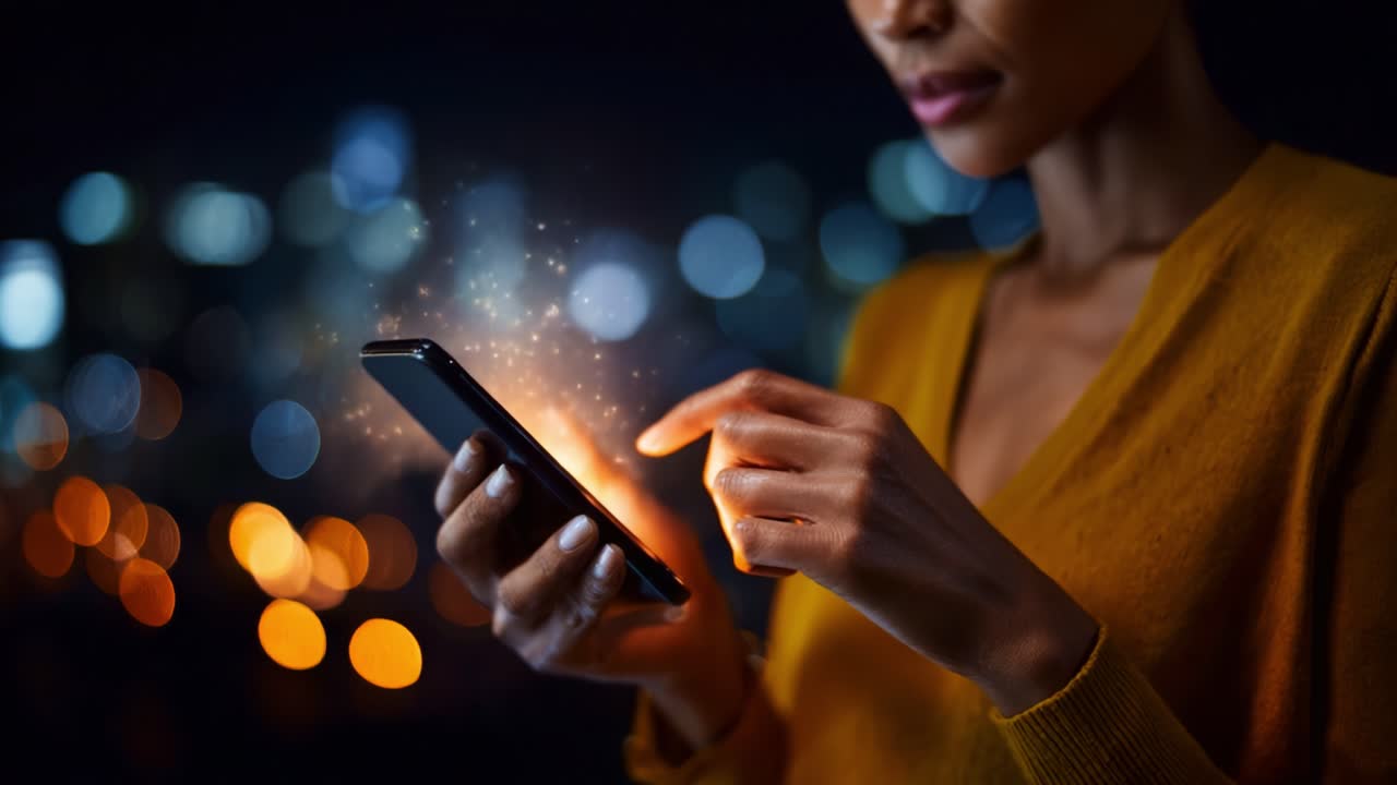 Captivated by Technology: A Close-Up of a Woman Engaged with Her Smartphone, Illuminated by Sparkling Light in a Nighttime Urban Setting