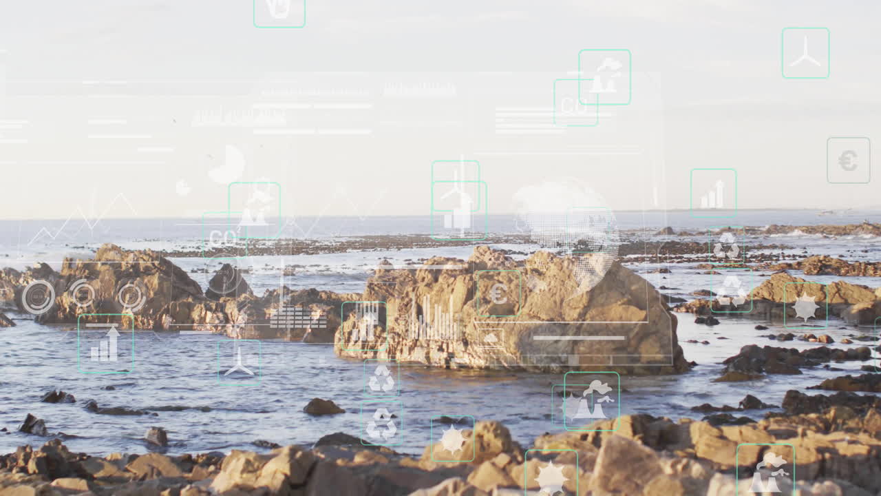 Rocky shoreline with digital data processing animation over ocean landscape