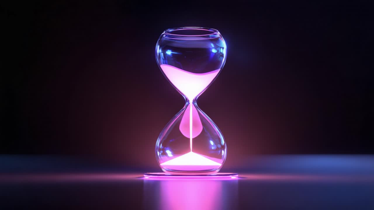 Luminous hourglass measuring the passage of time as sand falls from the upper to the lower bulb, with the ambient light color shifting from a cool purple neon to a warm golden glow