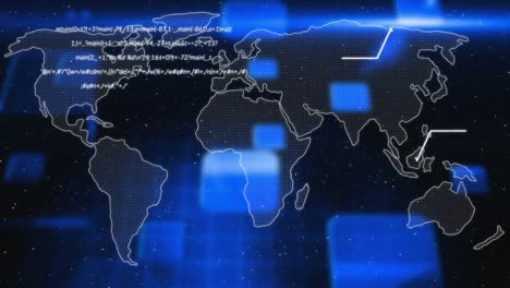 Animación-Del-Procesamiento-De-Datos-Y-Mapa-Mundial-Sobre-Pantallas-Azules