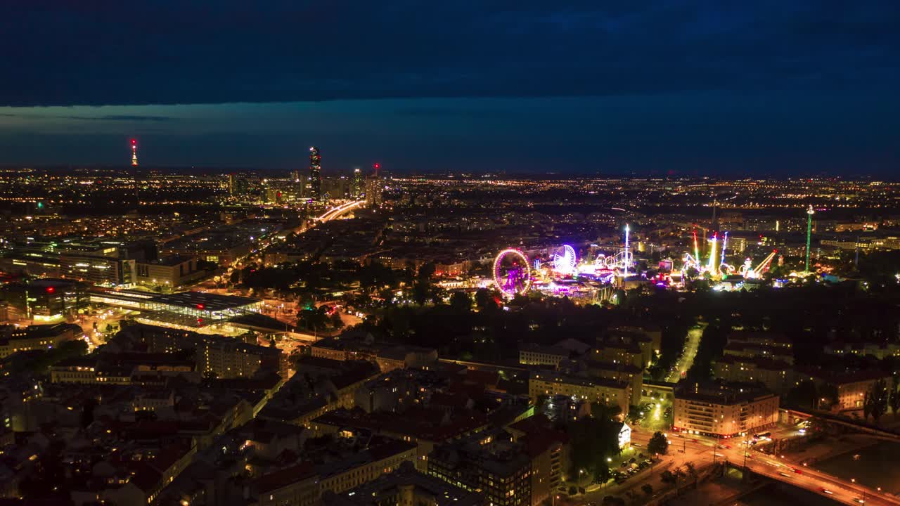 야간 조명 비엔나 리버사이드 시티스케이프 어드벤처 파크 항공 파노라마 4k 타임스 오스트리아