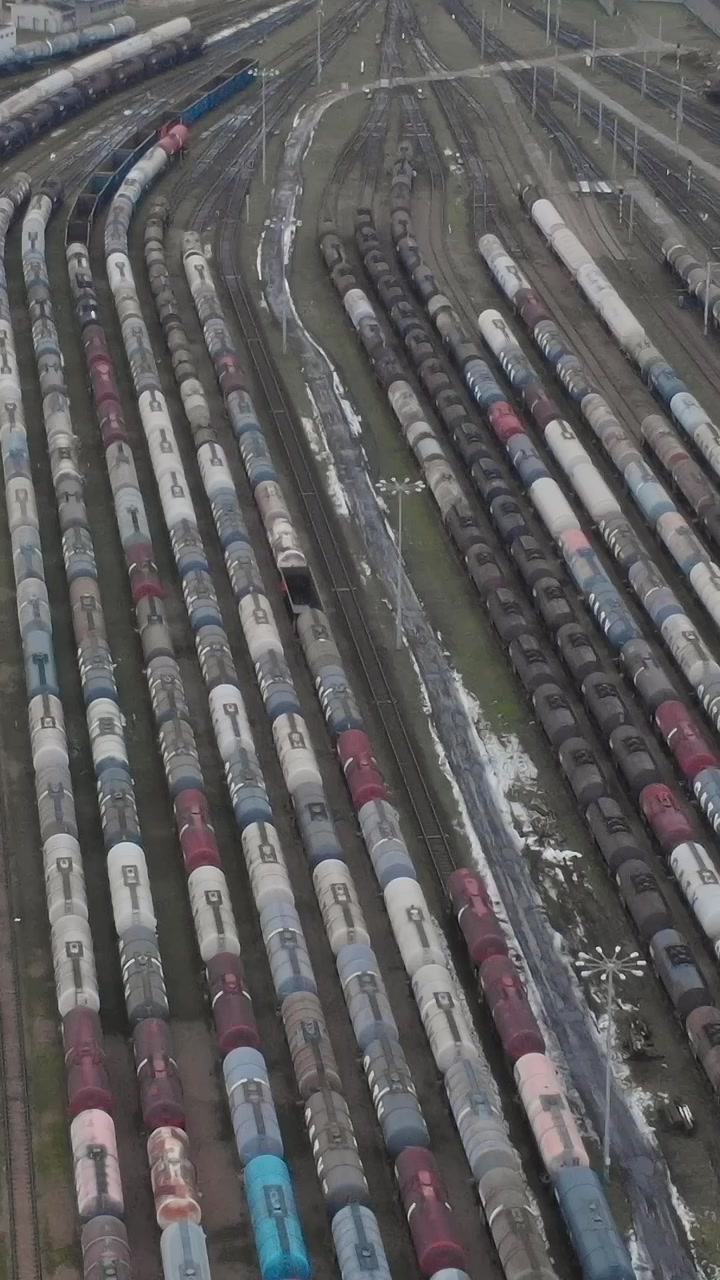 Viele Eisenbahnwaggons stehen an einem bewölkten Tag auf einem Rangierbahnhof aufgereiht.