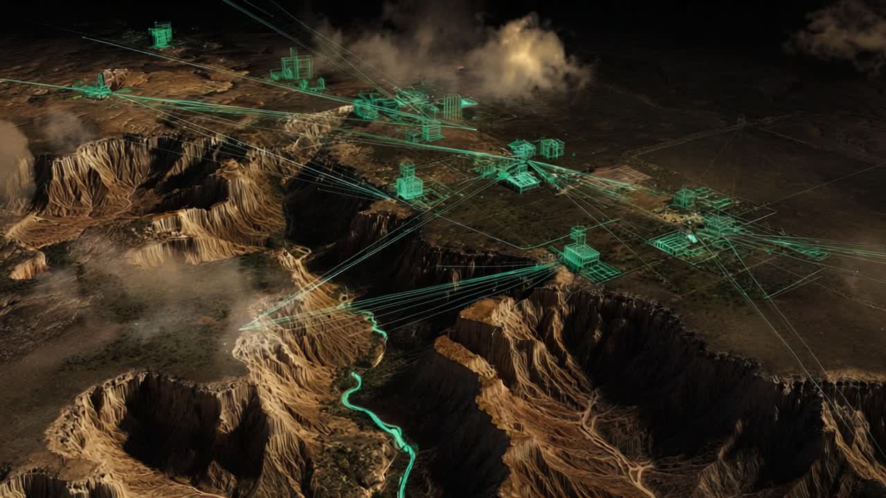 Aerial View of a Futuristic Landscape Featuring Geometric Structures and Networks, Showcasing a Blend of Natural Terrain and Artificial Entities in a Surreal Environment