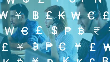 animation of online currency symbols over diverse business people wearing phone headsets