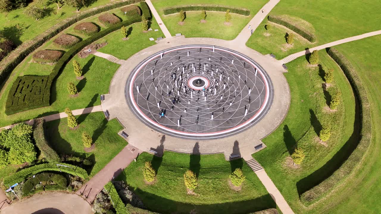 Aerial view circling Milton Keynes Campbell park rose granite pillars installation attraction