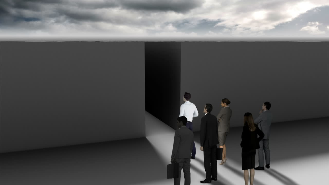 미로의 입구에 있는 사업가들