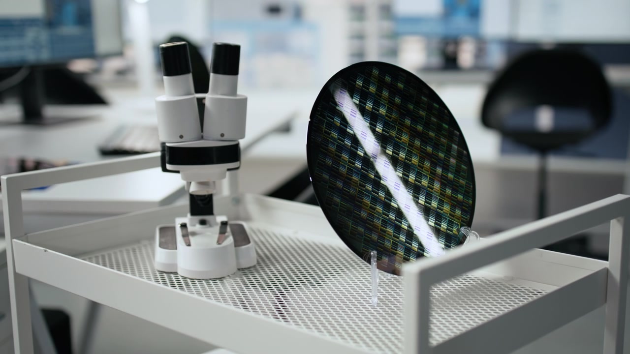 Halfgeleiderwafer en microscoop in een modern onderzoekslaboratorium