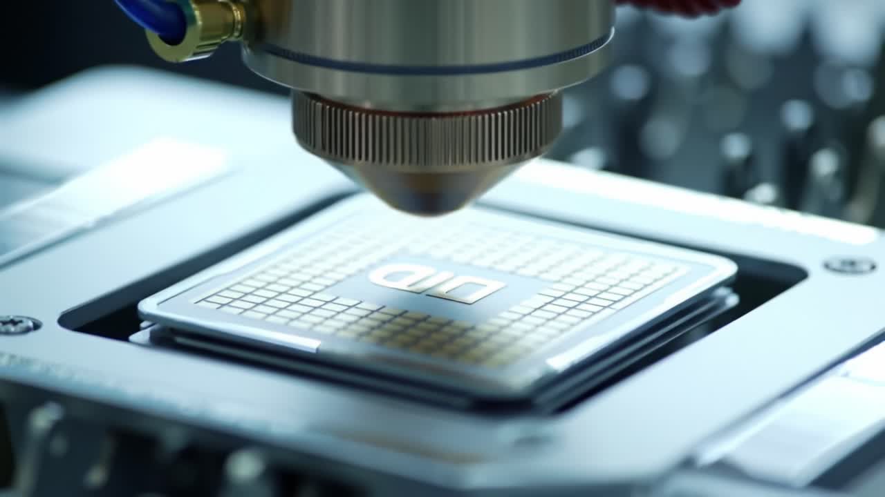 Close-up of Advanced Laser Technology Engaging with a Microchip during the Precision Manufacturing Process, Showcasing High-Tech Innovation in Electronics Production