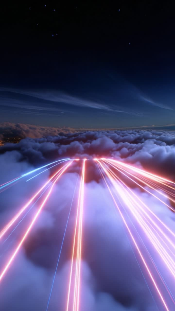 A mesmerizing view of light streaks soaring through clouds at twilight, capturing the essence of motion, speed, and the enchanting beauty of twilight skies