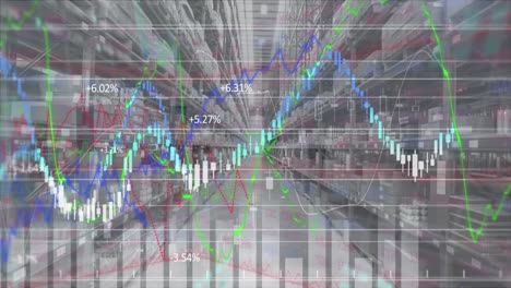 Animation-Der-Finanzdatenverarbeitung-Und-Statistikaufzeichnung-über-Dem-Lager-Im-Hintergrund