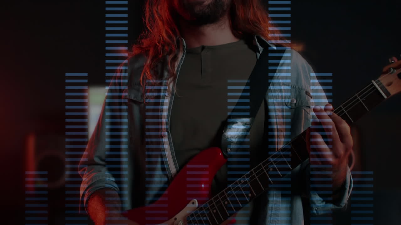 Música com homem com guitarra e interface de realidade virtual